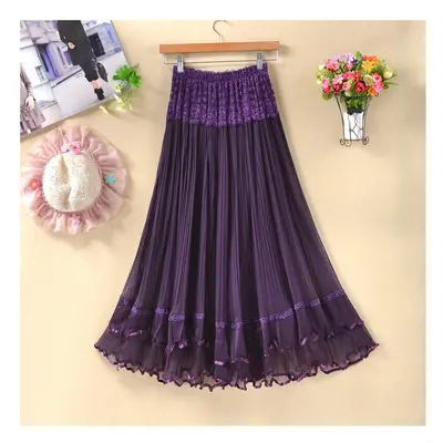 Purple Lace Patchwork Pleated Skirts Womens High Waist Strechy Mid-Calf Long Mesh Tull Skirt Fem