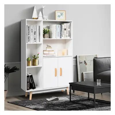 Floor Storage Cabinet Wooden Bookcase w/ Two Doors Side Cabinet w/Shelf & Cubes