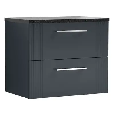 Retro Drawer Wall Hung Vanity Unit with Sparkling Black Laminate Worktop - 600mm - Satin Soft Bl