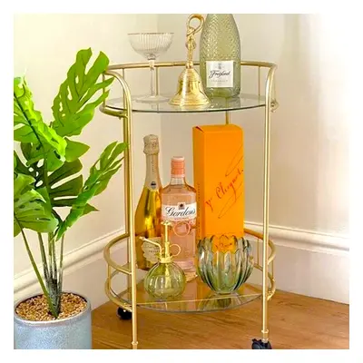 Stylish Gold Drinks Trolley Two Glass Shelves Bar Cart Serving Table