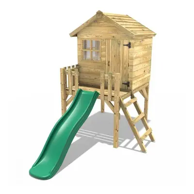 (Green) Rebo Orchard 4FT x 4FT Wooden Playhouse On 900mm Deck + 6FT Slide Swan