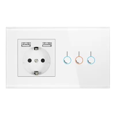 (White) Touch Sensor Switch with Socket with USB Crystal Glass Panel Wall Socket with Gang Light