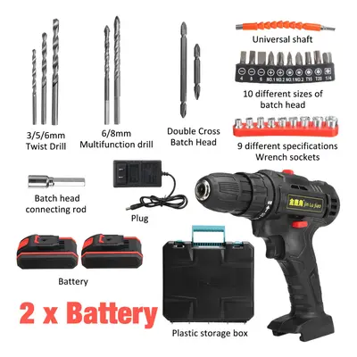 (Two Batteries, US Plug) 32pcs 36VF Cordless Brushless Electric Impact Drill Rechargeable Drill 