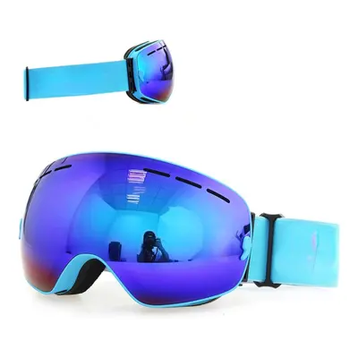 (Frame Blue) Ski Goggles Double Layers UV400 Anti-Fog Big Mask Glasses for Skiing Snowboard