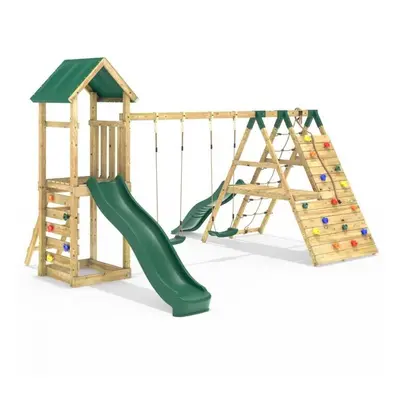 (Hayes Green) Rebo Wooden Climbing Frame with Swings, & 8ft Slides and Climbing Wall