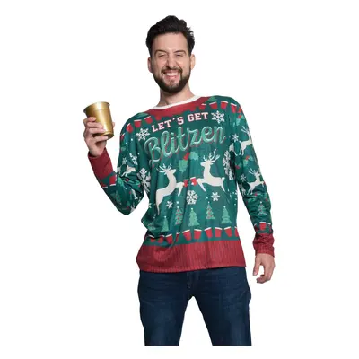 Faux Real Men's 3D Photo-Realistic Ugly Christmas Sweater Long Sleeve T-Shirt Blitzen Small