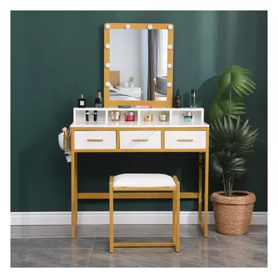 (White and Golden) WestWood Dressing Makeup Table Set with Stool LED Mirror Drawers Side Storage