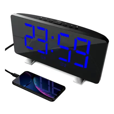 (Blue) LED Digital Alarm Clock with Mirror, USB Charging, Adjustable Brightness, Music Options, 