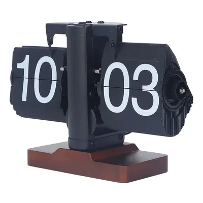 (Black) Retro Mechanical Flip Clock with Walnut Wood Base, 24-Hour Display, Desk Decor for Home/