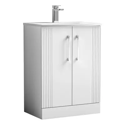 Retro Door Floor Standing Vanity Unit with Curved Tap Hole Ceramic Basin - 600mm - Satin White -