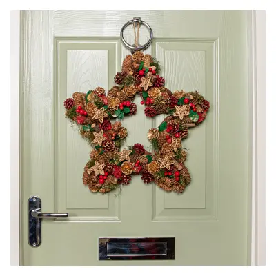 45cm Red Hanging Christmas Star Wreath with Red Berries and Pinecones