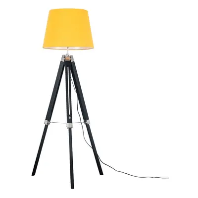 Modern Black Wood and Silver Chrome Tripod Floor Lamp with a Mustard Tapered Shade - Complete wi