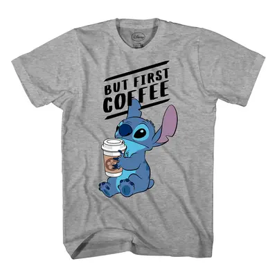 Disney Lilo and Stitch Coffee First Adult T-Shirt (SM Grey Heather)