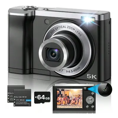 5K Digital Camera Megapixel, Auto-Focus, 10x Optical Zoom, Vlogging, IPS HD Display, 64GB SD Car