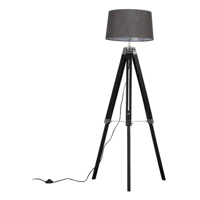 Modern Black Wood and Silver Chrome Tripod Floor Lamp with a Grey Tapered Shade - Complete with 