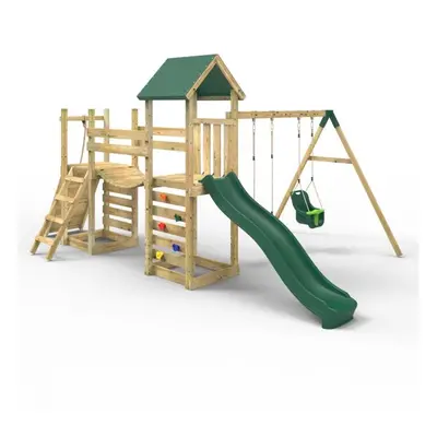 (Rainier) Rebo Double Tower Climbing Frame with Flexible Bridge, Swing & Slide