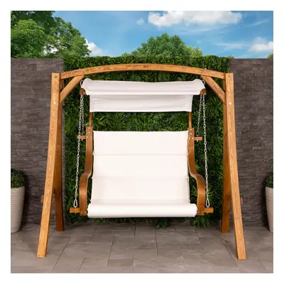 2-3 Seater Larch Wooden Garden Outdoor Swing Seat Hammock Cream Canopy 1.9M