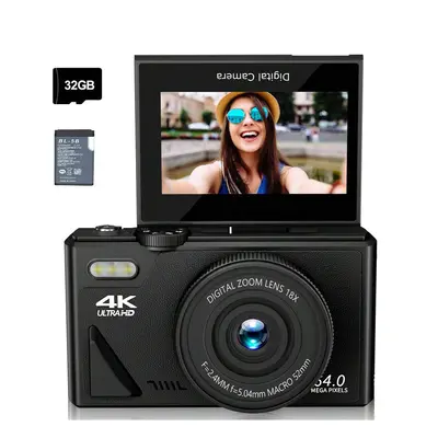 4K 64MP Vlogging Camera with 32G TF Card, 3" Flip Screen, 16X Zoom, Flash, Compact for Travel