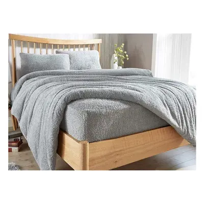 (Single, Silver) Fluffy Thermal Teddy Fleece Fitted Sheet