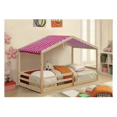 (No Mattress, With Red Tent) 3ft Sinfle Pine Wooden House Bed With Tent And Mattress Options