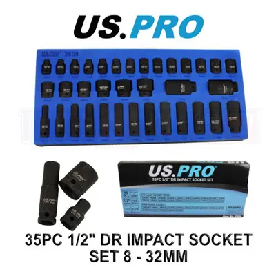 US PRO Tools 35pc 1/2" Dr Point Deep & Shallow Impact Sockets Set In EVA Foam