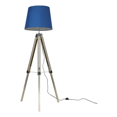 Modern Distressed Wood and Silver Chrome Tripod Floor Lamp with a Navy Blue Tapered Light Shade 