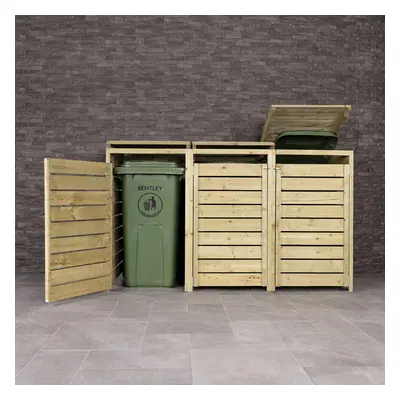 Charles Bentley FSC Triple Wide Panel Wooden Bin Store Wheelie Bin Storage Unit Lifting Lid