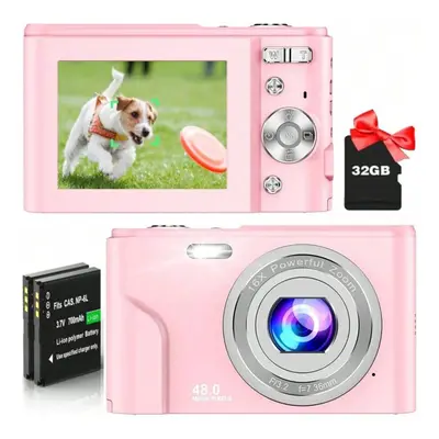 (Pink) FHD 1080P 48MP Digital Camera with 16X Zoom, 32GB SD Card, Batteries, Compact Mini