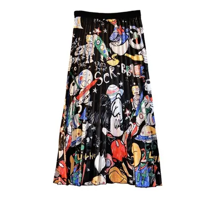 Women's Skirt Vintage Casual Summer Long Skirt Women Cartoon Print Pleated Skirts