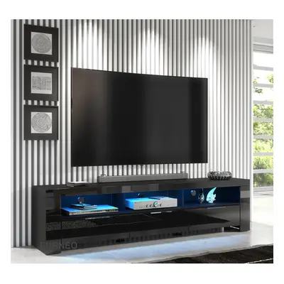 (237.90) Furneo 200cm Black Long TV Stand Unit Cabinet Matt & High Gloss LED Lights Phantom