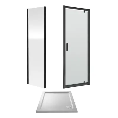 Ruwa 6mm Toughened Safety Glass Pivot Shower Door, Side Panel and Shower Tray - 800mm - Matt Bla