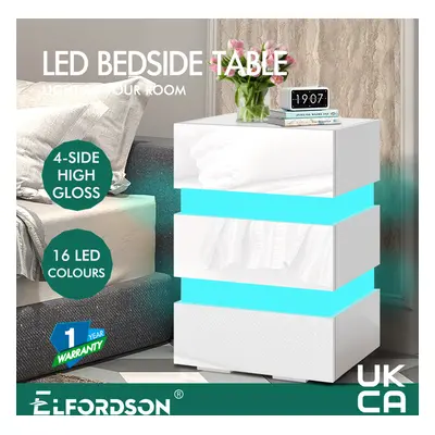 (ANNOT - DRAWERS (WHITE)) ELFORDSON Bedside Table RGB LED Nightstand 2/3 Drawers Side High Gloss