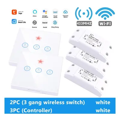 (2pc3 Gang switch+3pc controller white) WiFi Light Switch 220V RF 433MHz With Breakers Remote Co