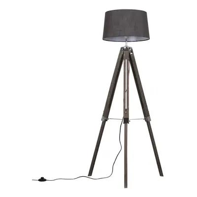 Modern Distressed Wood and Silver Chrome Tripod Floor Lamp with a Grey Tapered Shade