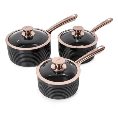 Tower 3pc Linear Non-Stick Saucepan Set | Black & Rose Gold Aluminium Pans