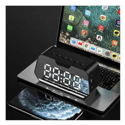 (Black) Bluetooth 5.0 Speaker Alarm Clock Multiple Play Modes LED Mirror with FM Function Surrou