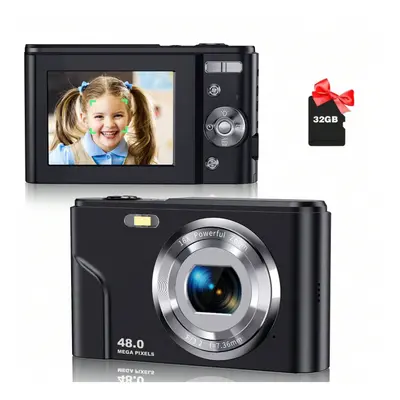 (Black) Auto Focus Digital Camera, FHD 1080P/48MP, 32GB Card, 16X Zoom, Portable for Beginners