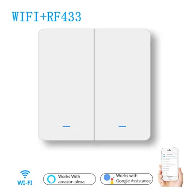 WiFi RF433 2Gang Push Button Wall Light Switch EU AC 100V-240V Smart Switch Compatible with Cont