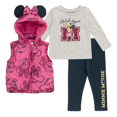 Disney Minnie Mouse Little Girls Zip Up Vest Puffer T-Shirt and Leggin