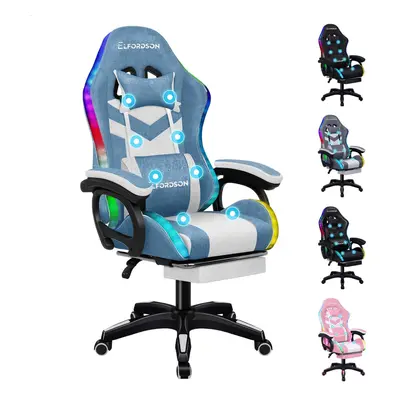 (Fabric Blue & White) ELFORDSON Gaming Office Chair RGB LED Massage Footrest