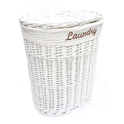 (WHITE, LARGE) Oval Wicker Laundry Basket + Lid & Cotton Lining