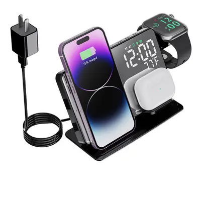 (With Adapter) 4-in-1 LED Mirror Alarm Clock with Wireless Charger, Temperature Display & Phone 