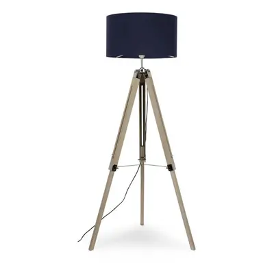 Modern Light Wood & Chrome Tripod Floor Lamp with a Navy Drum Shade