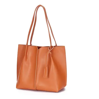 (Brown) Large capacity Tote Bag female simple soft leather commuting bag College Students Leisur