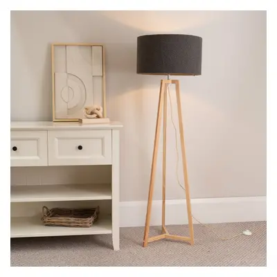 ValueLights Lottie Charcoal Boucle Natural Wood Tripod Floor Lamp