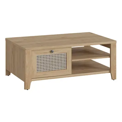 Cestino Coffee Table with Drawer in Jackson Hickory Oak and Rattan Effect