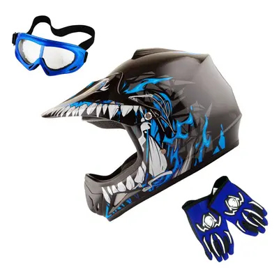 WOW Youth Kids Motocross BMX MX ATV Dirt Bike Helmet Dragon Blue gogg