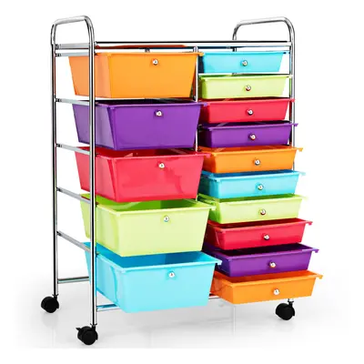 15 Drawers Storage Trolley Home Office Stationary Rolling Cart w/4 Wheels