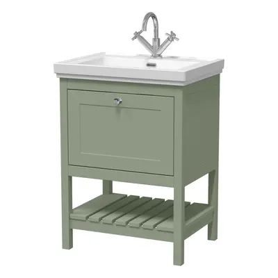 Traditional Furniture Floor Standing Drawer Vanity & Tap Hole Fireclay Basin, 600mm, Fern Green