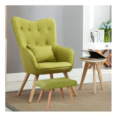 (Green) Linen Leisure Armchair Wingback Chair with Cushion and Footstool